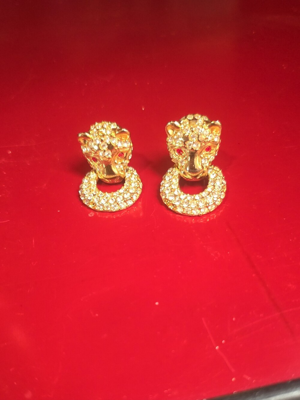 Roman Signed Gold Plate Panther Head Clip Crystal Earrings